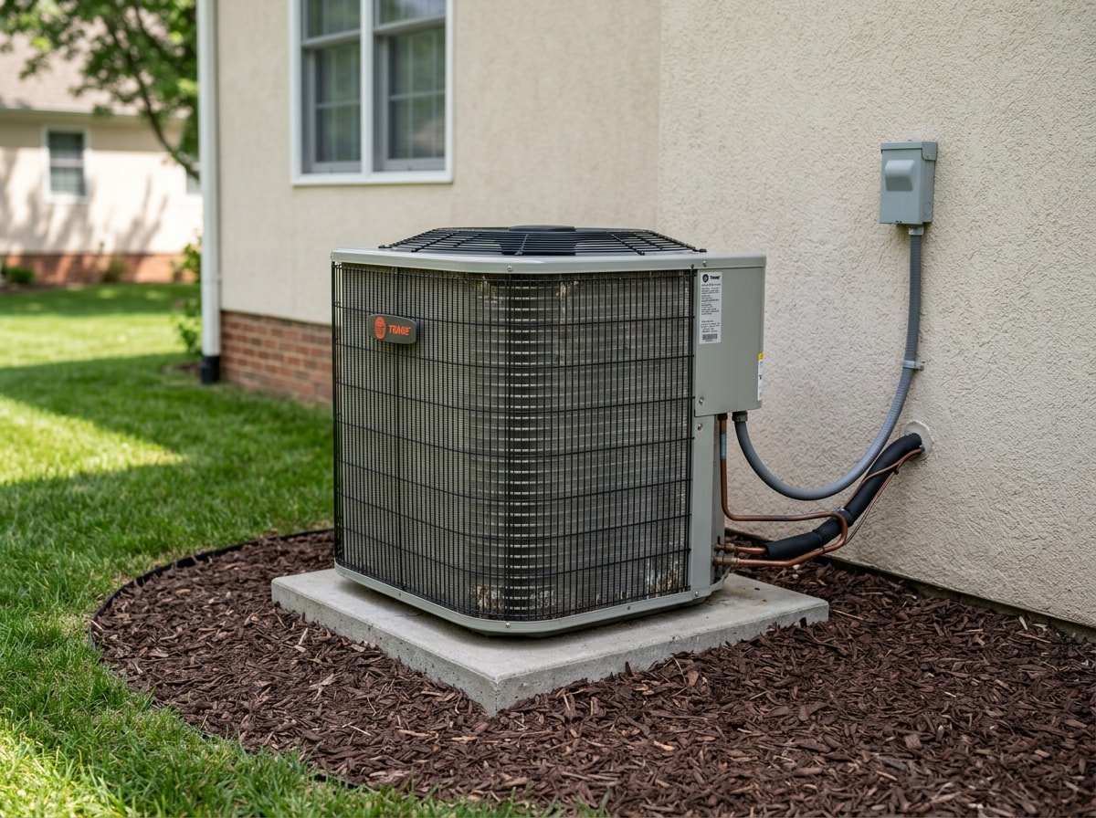 Residential outdoor AC condenser unit sitting on a concrete pad next to a house in Newton County, GA