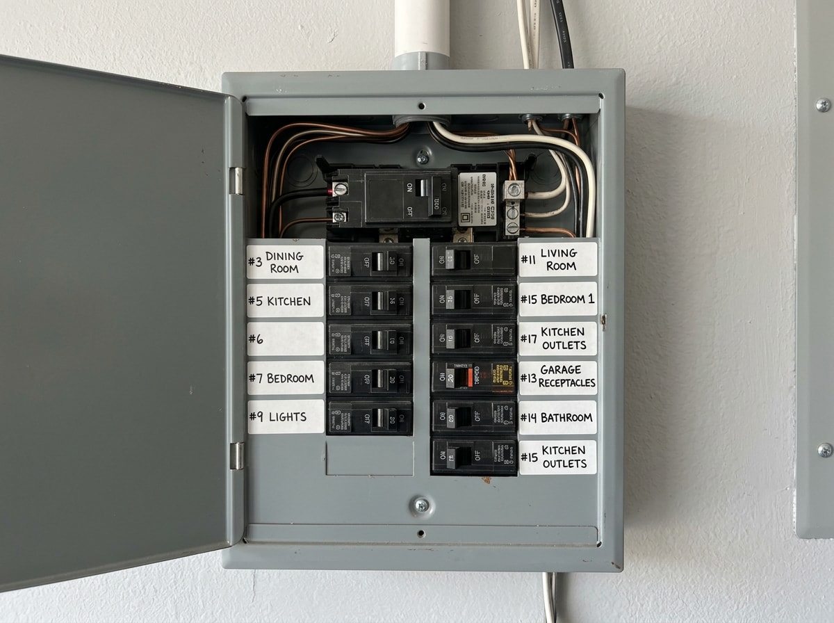 Labeled home circuit breaker panel showing a tripped breaker switch