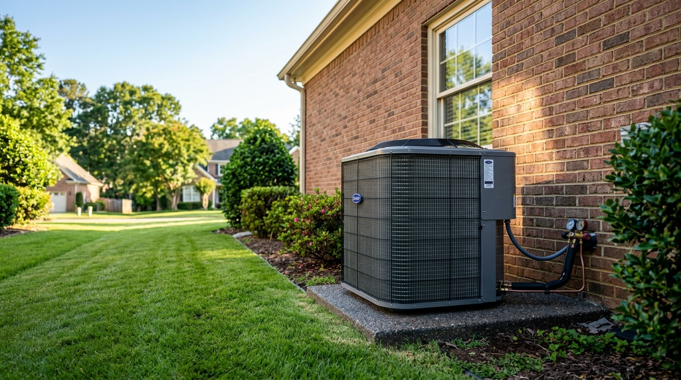 Outdoor AC condenser unit on a concrete pad outside a home in Newton County, GA Outdoor AC condenser unit on a concrete pad outside a home in Newton County, GA