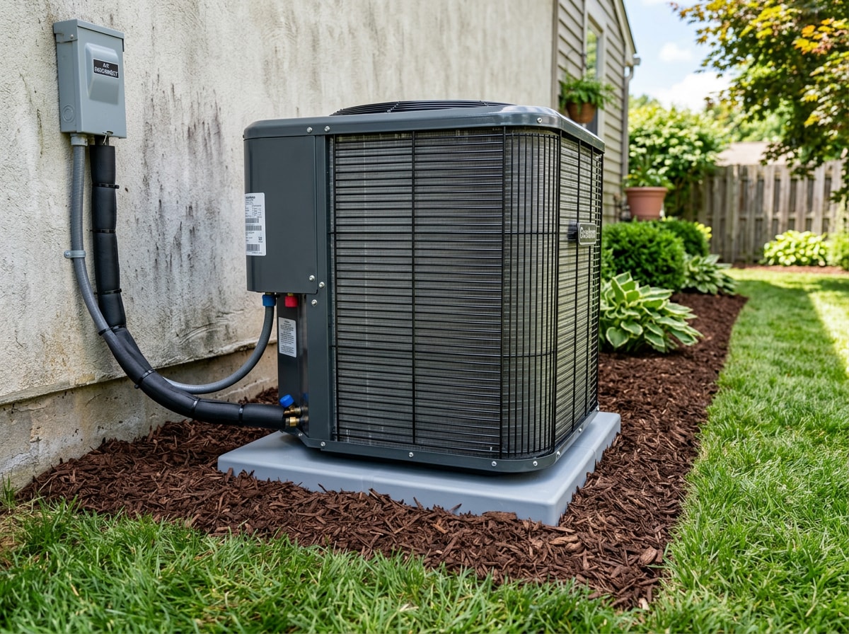 Outdoor AC condenser unit freshly serviced in a Butts County, GA backyard