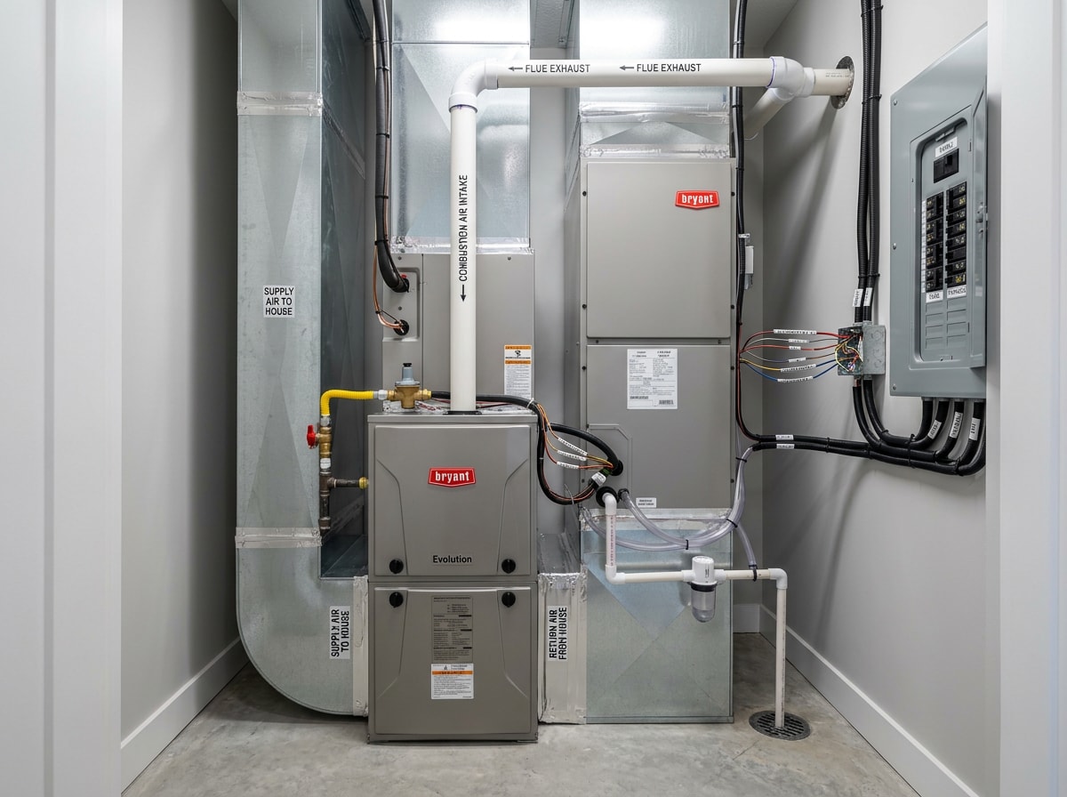 Residential furnace and air handler installed in a mechanical closet, finished and labeled