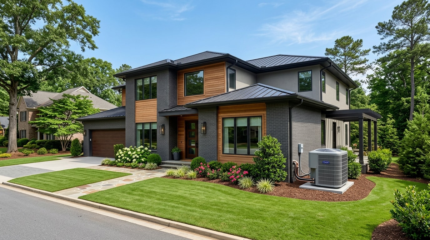 Residential home exterior with a well-maintained outdoor AC condenser unit in Butts County, GA