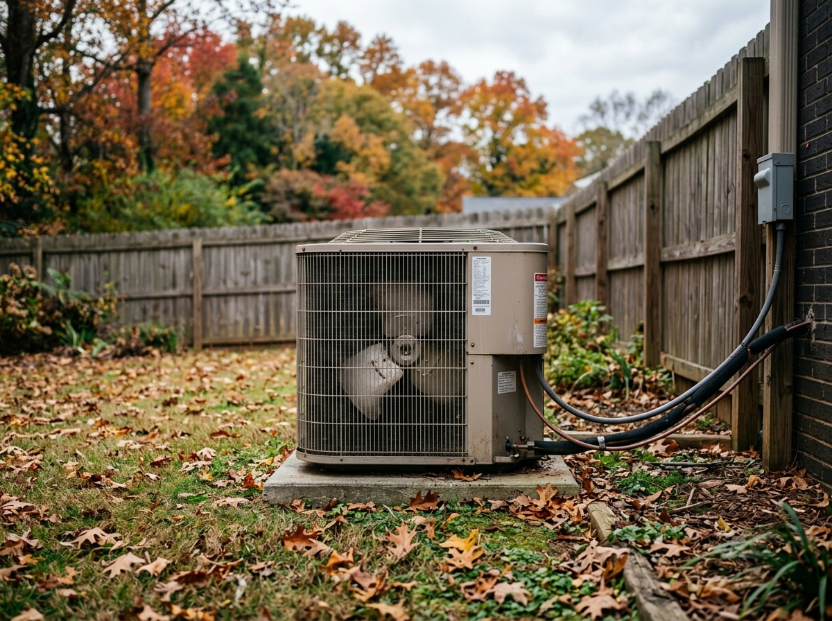 Residential outdoor air conditioning condenser unit sitting uncovered in a McDonough, GA backyard in late fall