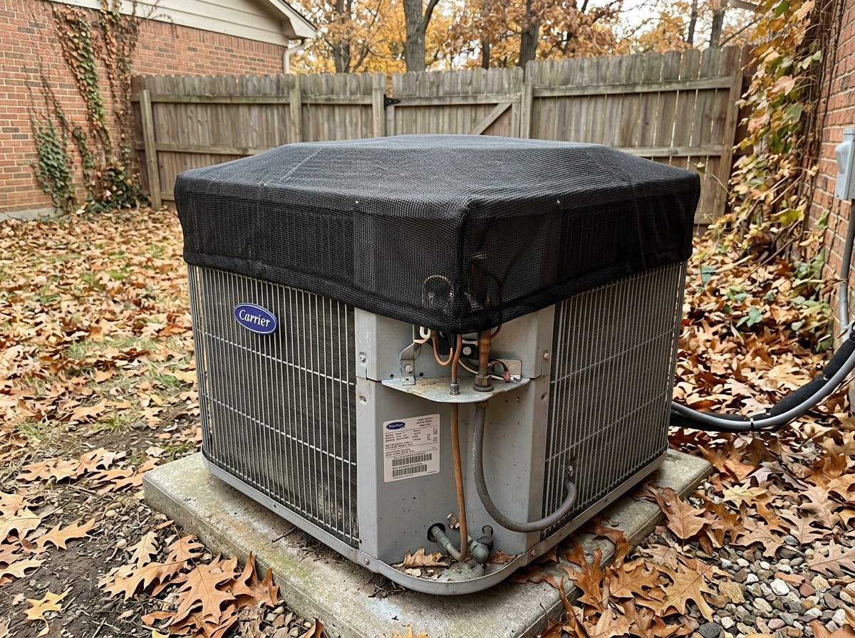 Breathable mesh top-only cover fitted over an outdoor AC condenser, sides left open, surrounded by fall leaves