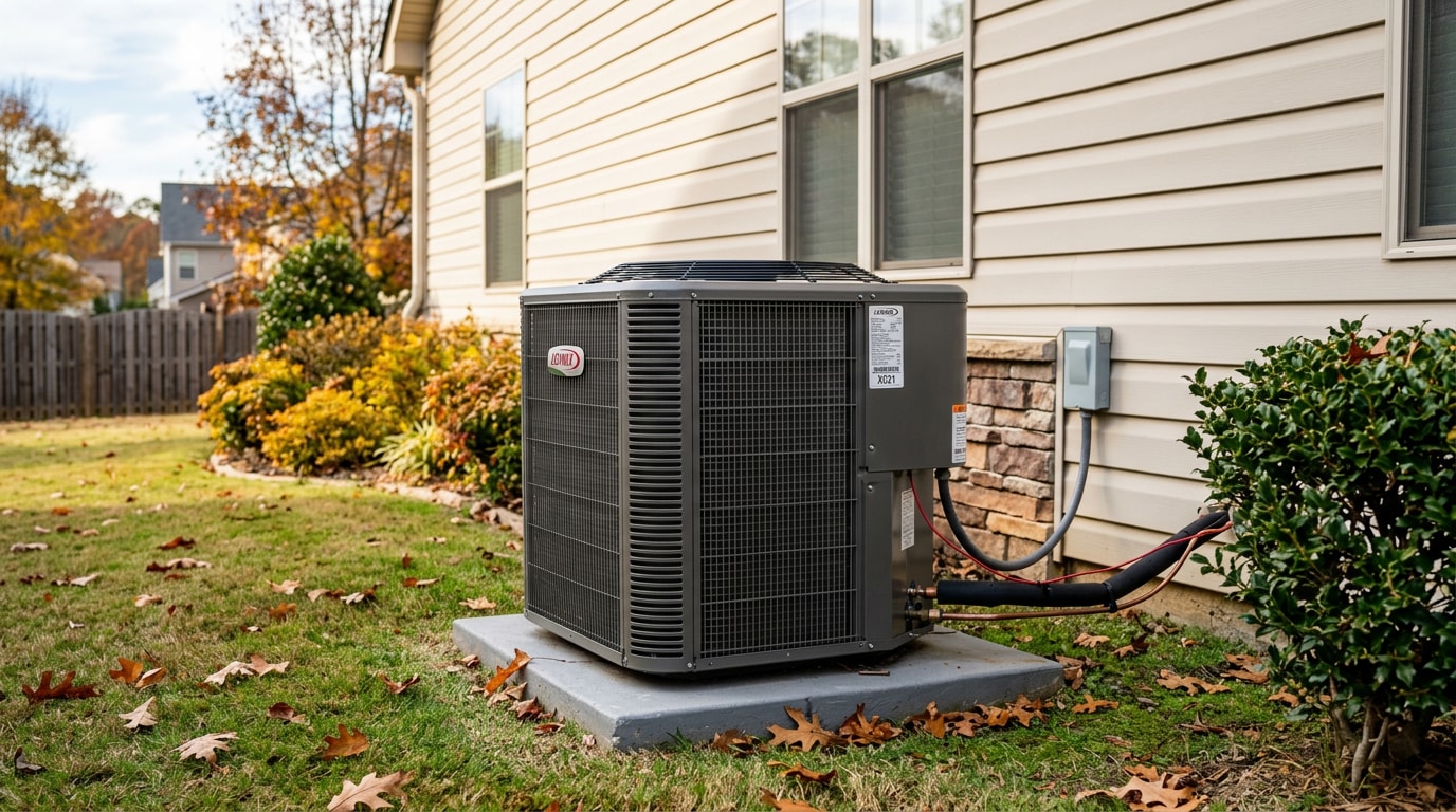 Outdoor air conditioning condenser unit uncovered in a McDonough, GA backyard