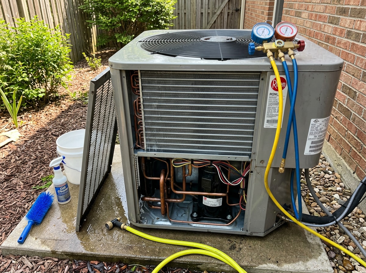 NATE-certified technician cleaning an outdoor condenser coil during a maintenance visit