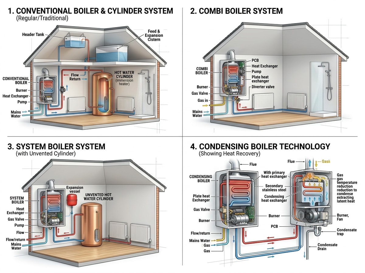 diagram comparing conventional, combi, system, and condensing boiler configurations