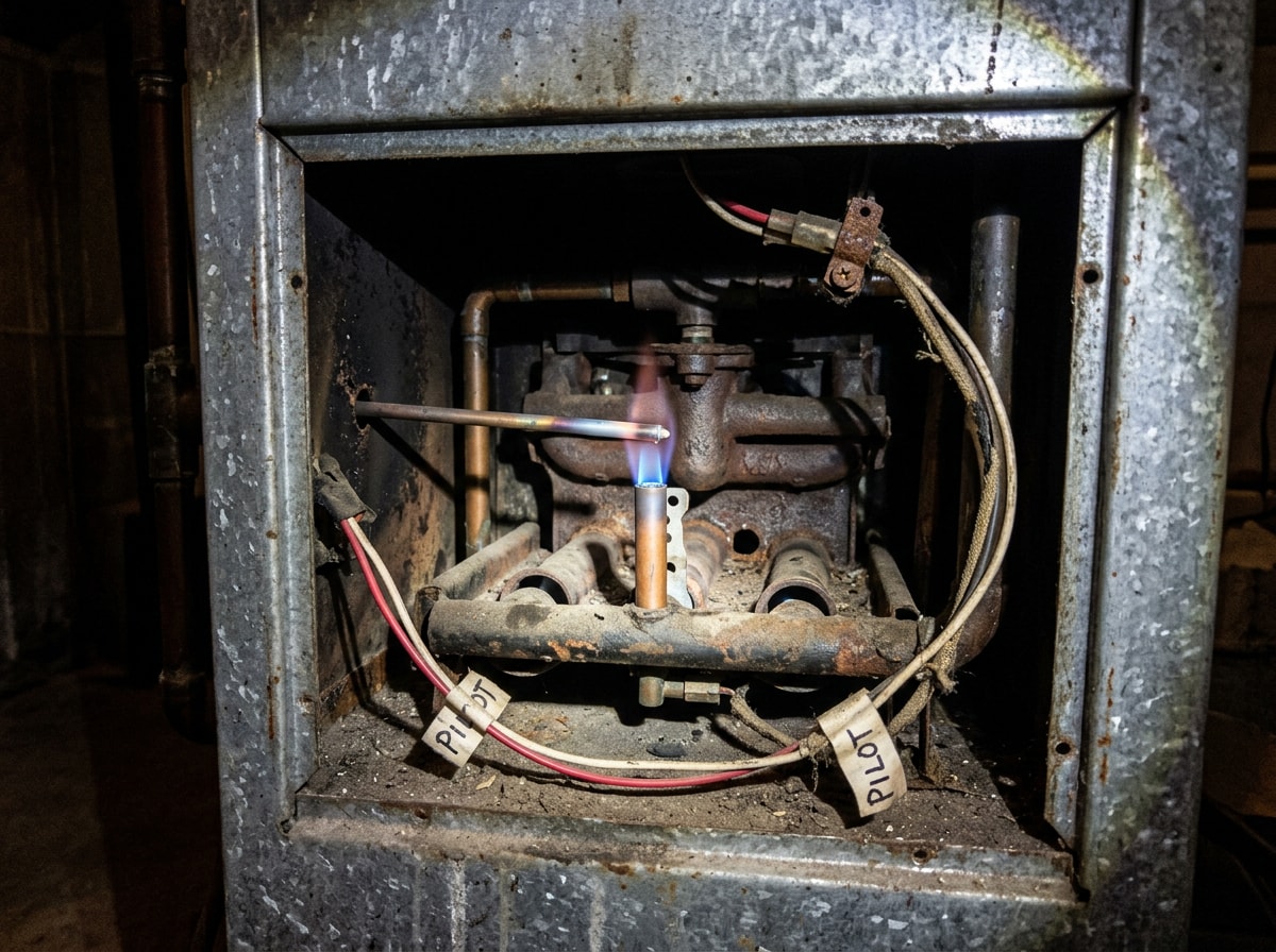 Open furnace access panel showing the pilot assembly and thermocouple inside an older gas furnace