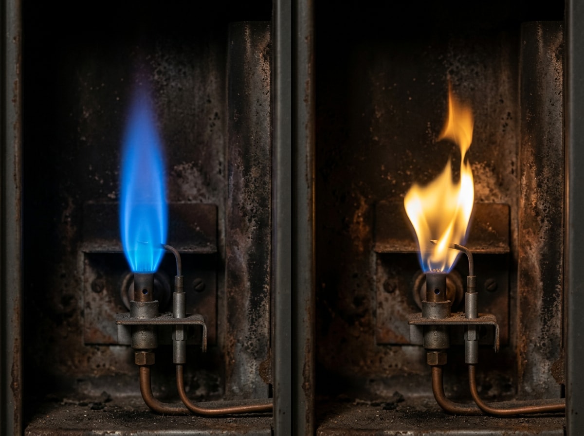 Side-by-side comparison of a healthy blue pilot flame next to a weak yellow pilot flame