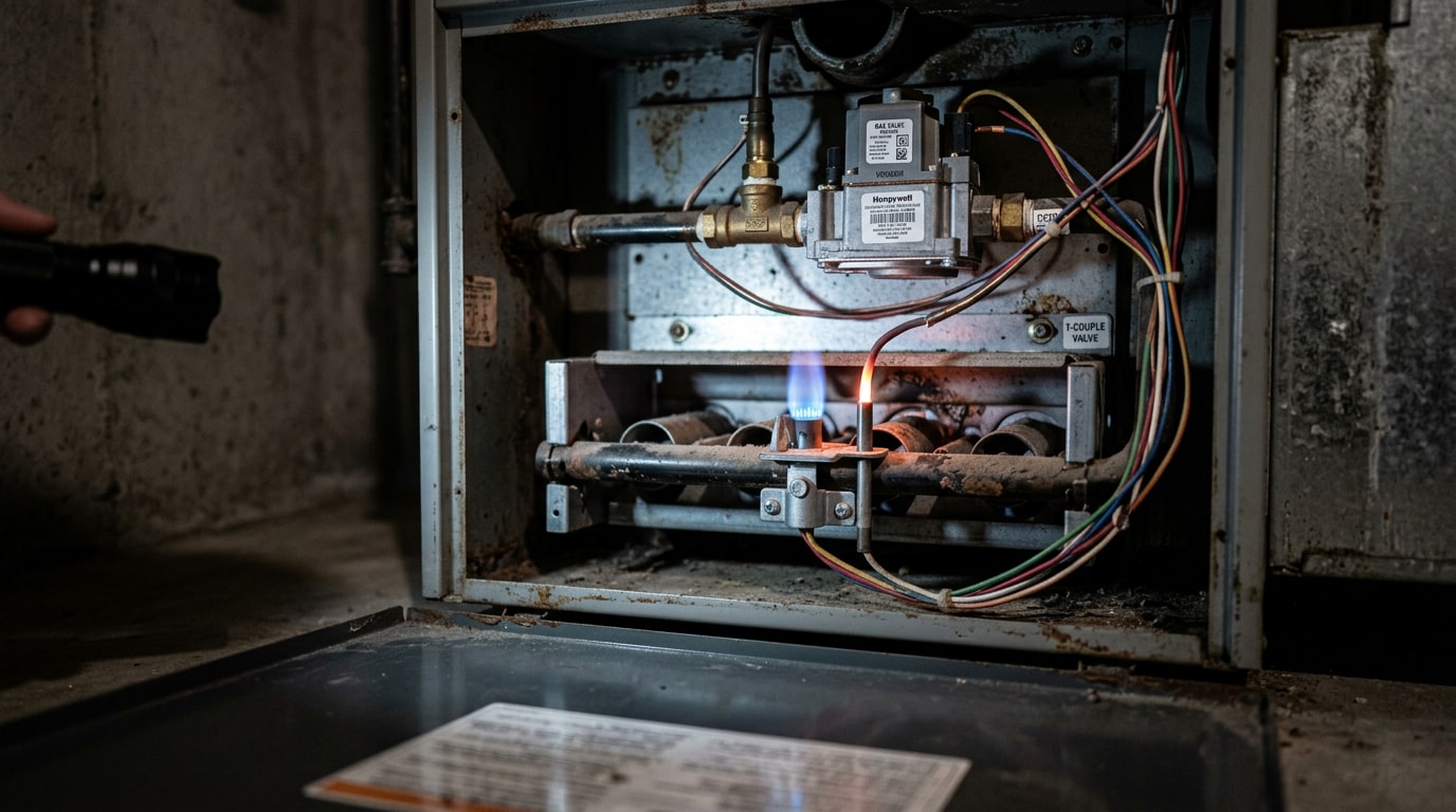 Gas furnace pilot light assembly visible through an open access panel Gas furnace pilot light assembly visible through an open access panel