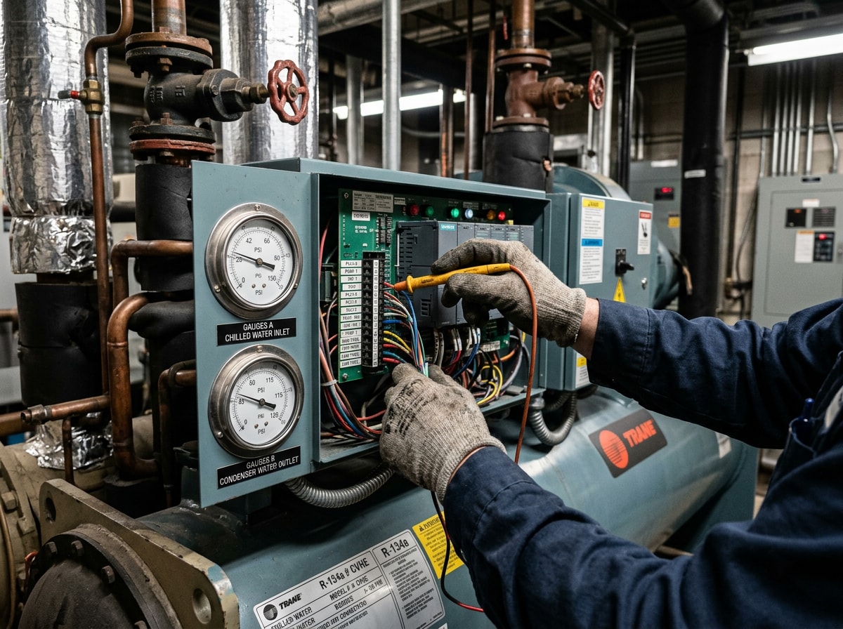 Technician inspecting a commercial chiller unit at a Newton County, GA facility
