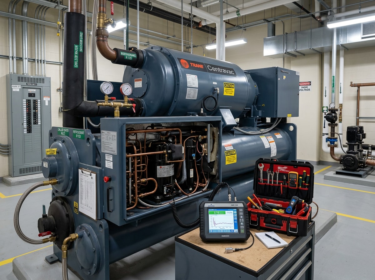HVAC technician performing preventive maintenance on a chiller system