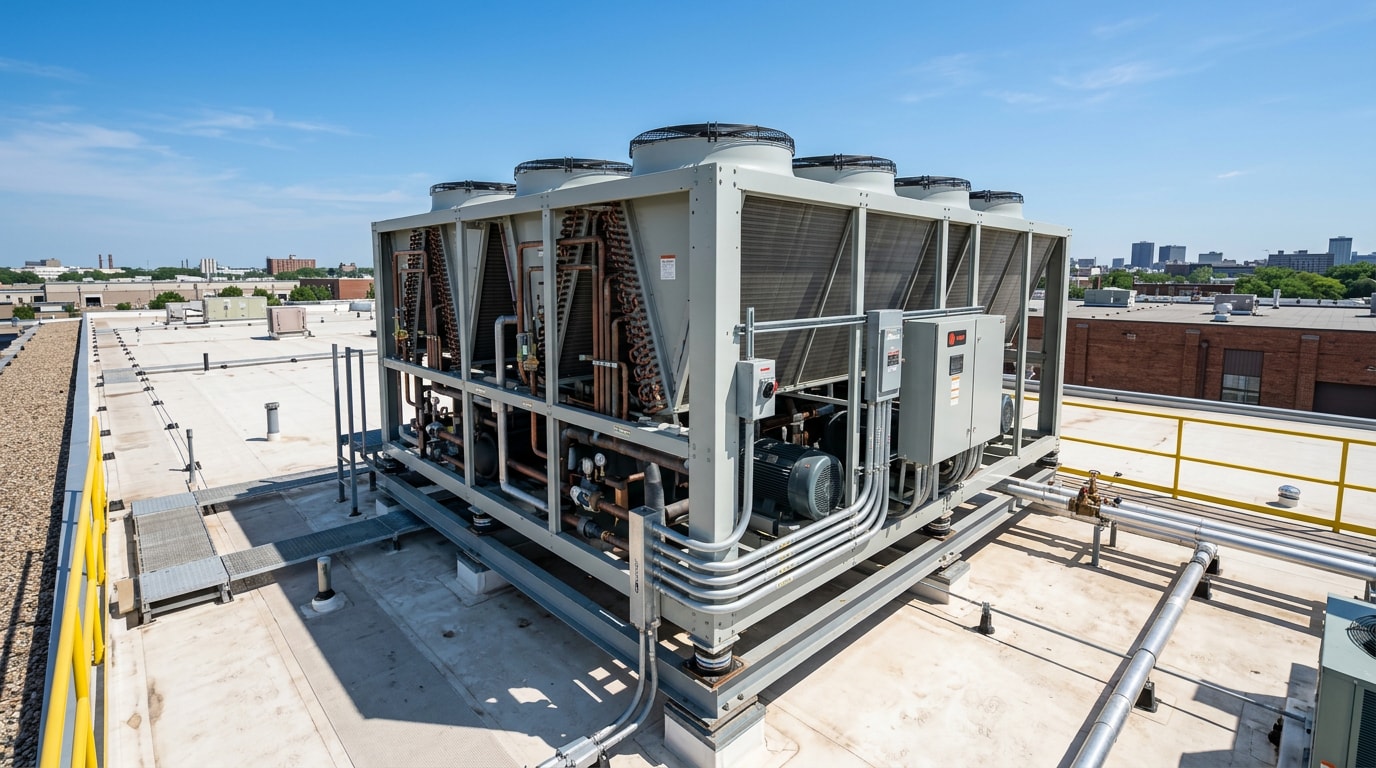 Commercial chiller HVAC unit on a facility rooftop in Newton County, GA