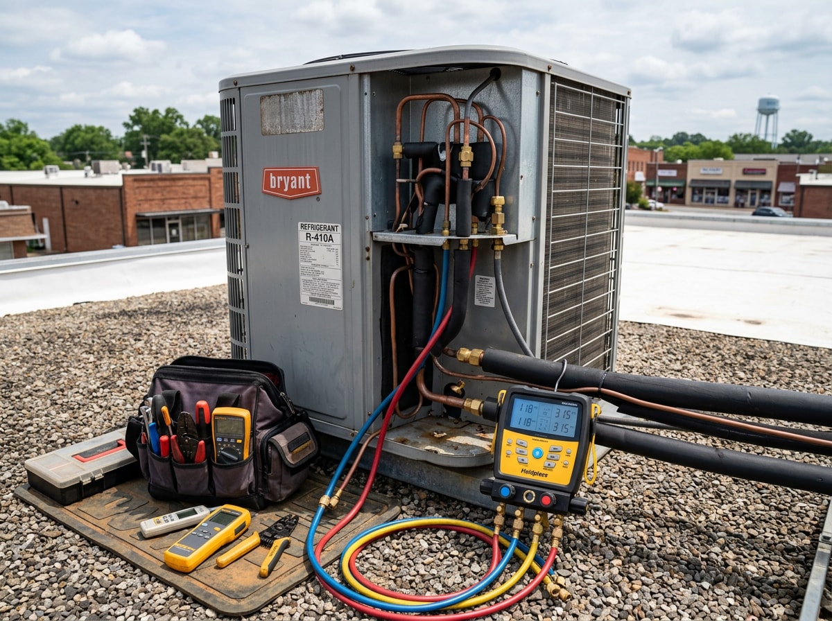 Technician servicing a commercial rooftop HVAC unit on a business building in Griffin, GA