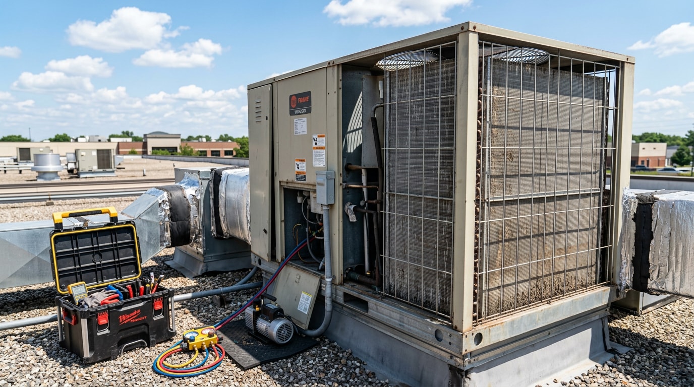 Commercial rooftop HVAC unit on a business building Commercial rooftop HVAC unit on a business building