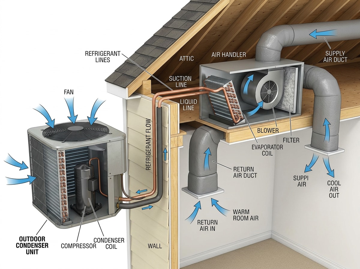 Labeled diagram of indoor evaporator coil and outdoor condenser unit showing refrigerant flow