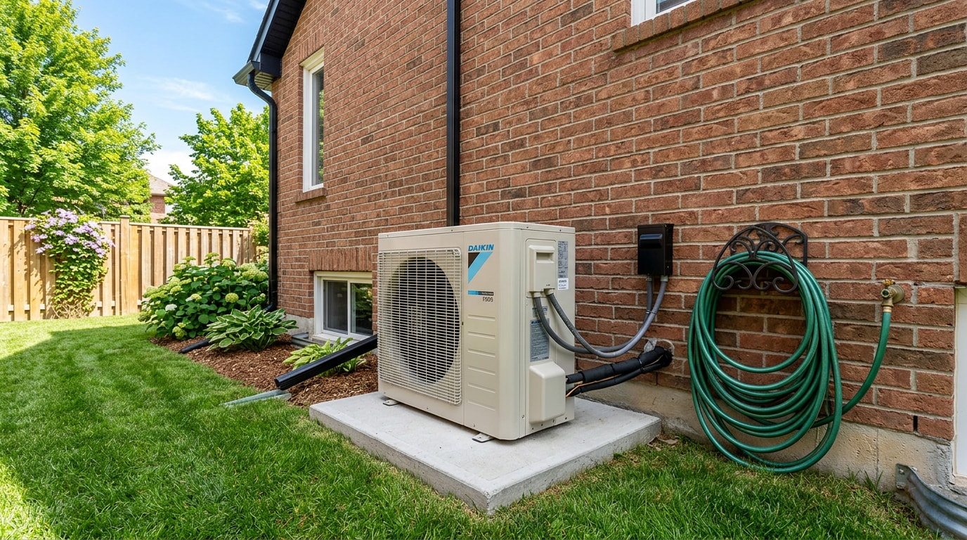 Outdoor residential air conditioning condenser unit with a garden hose nearby in a Fayetteville, GA backyard