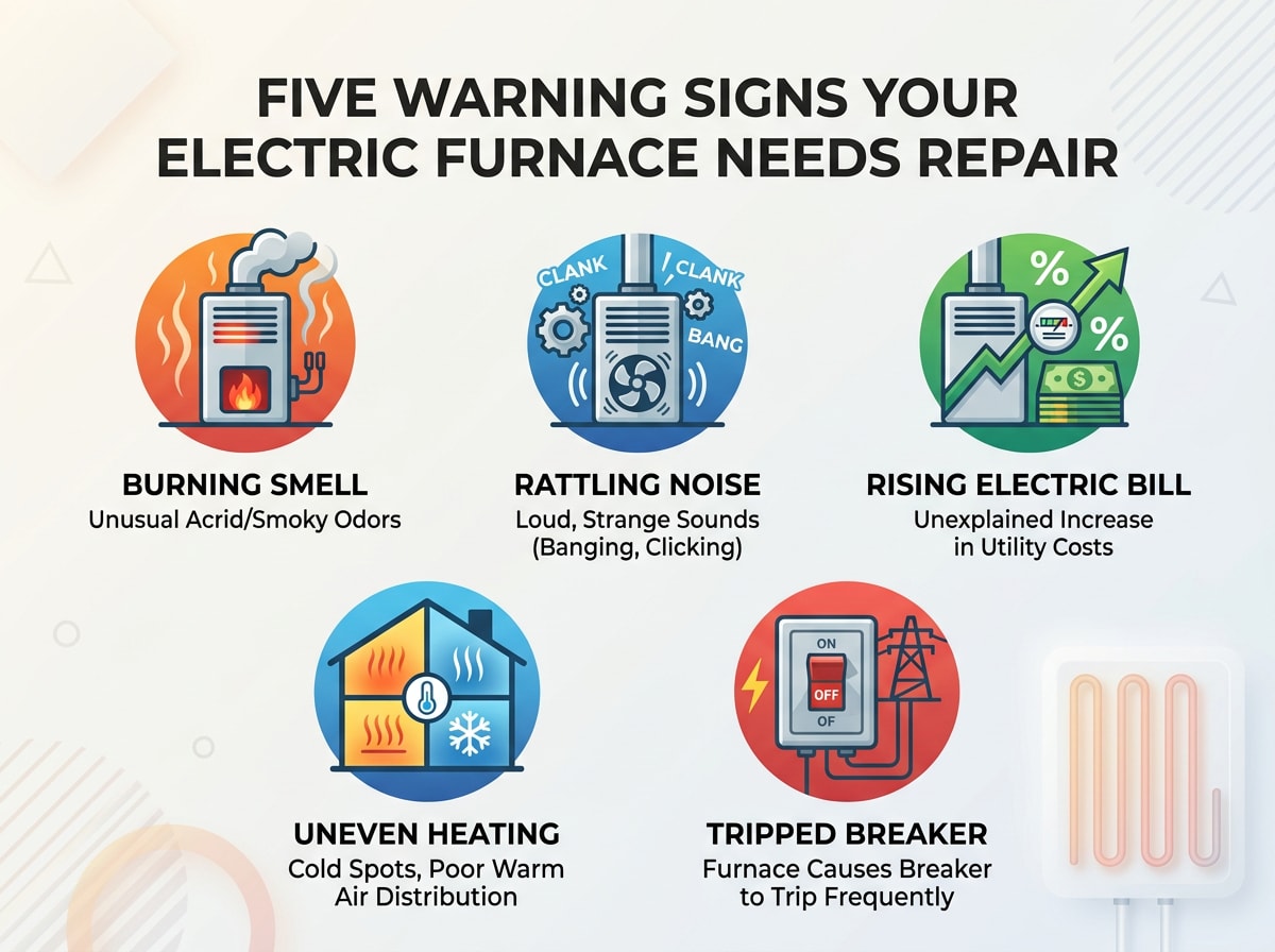 Infographic showing five warning signs an electric furnace needs repair