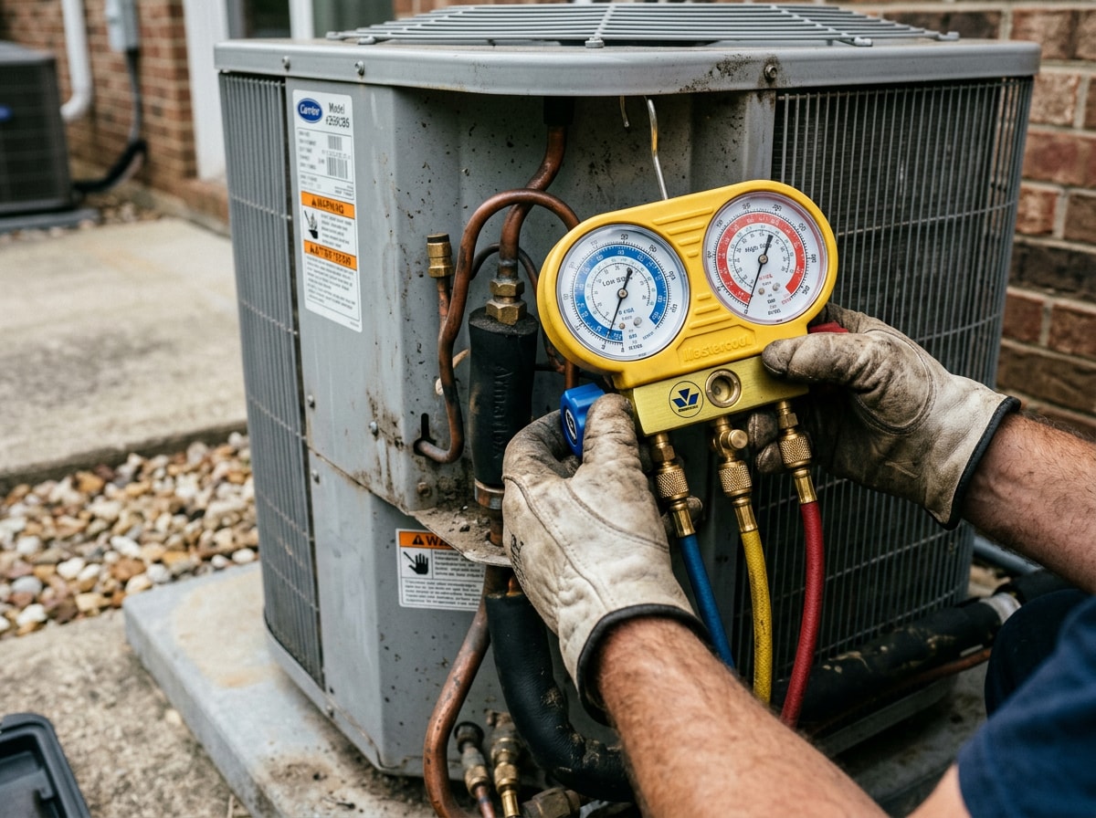 Technician checking refrigerant pressure gauges on an outdoor AC condenser during a Henry County service call
