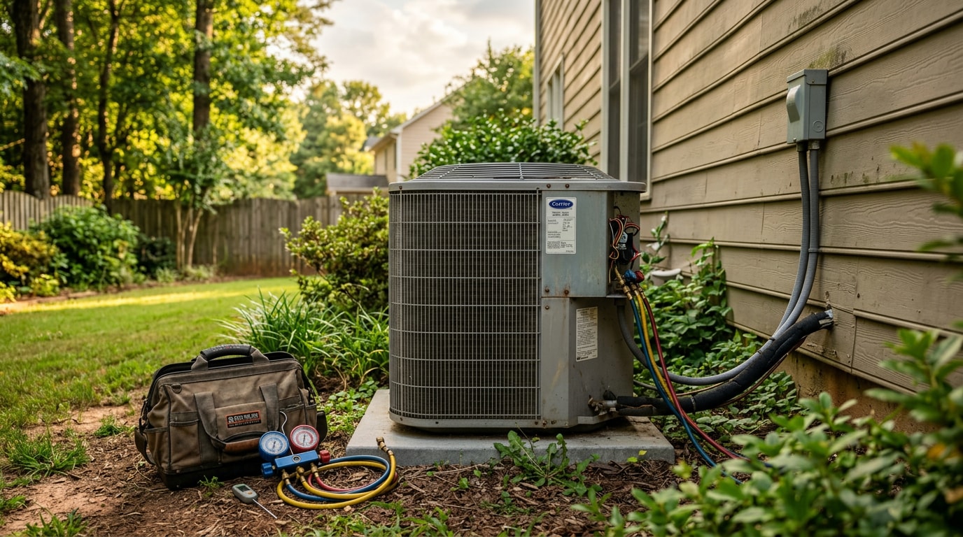 Residential air conditioning condenser unit outside a Henry County, GA home during an emergency service call Residential air conditioning condenser unit outside a Henry County, GA home during an emergency service call