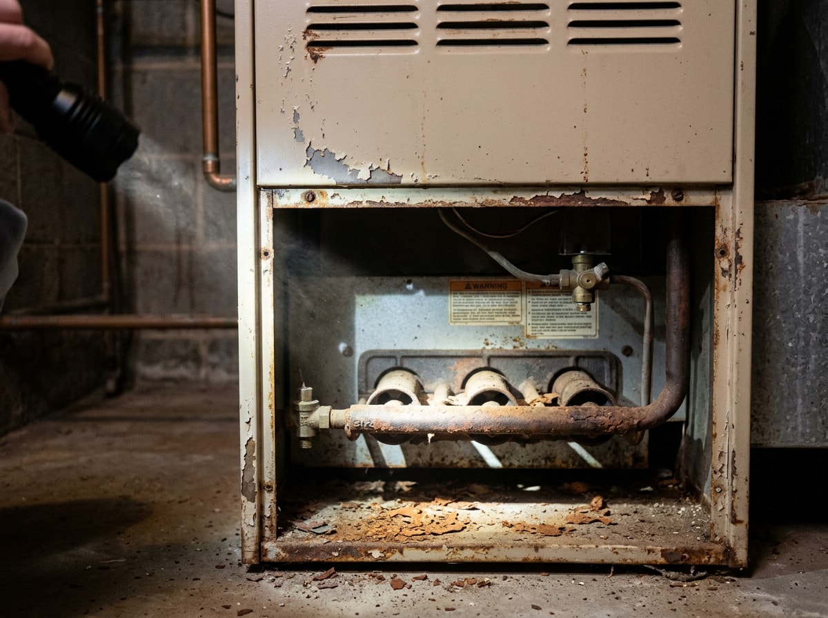 Technician inspecting an aging residential gas furnace for wear and corrosion