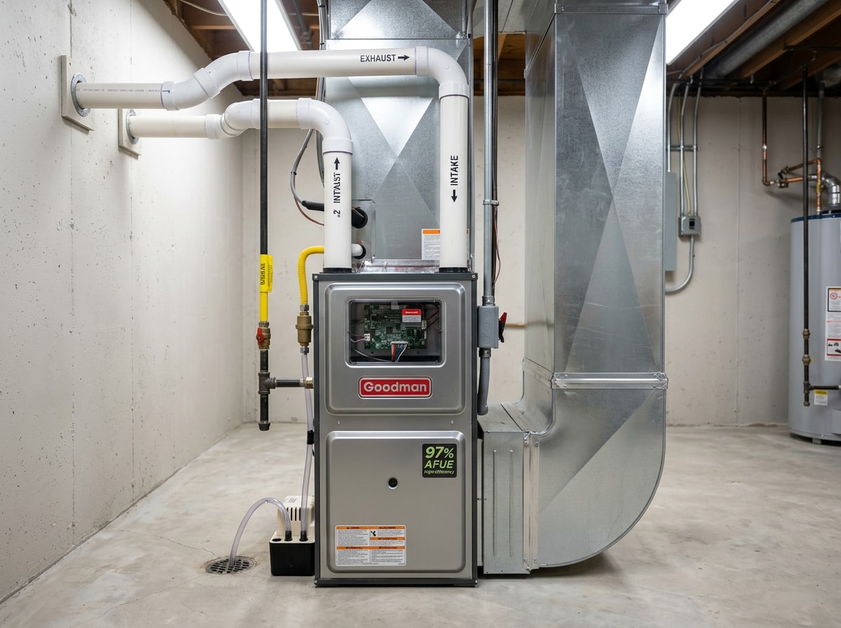 Newly installed high-efficiency gas furnace in a home mechanical room