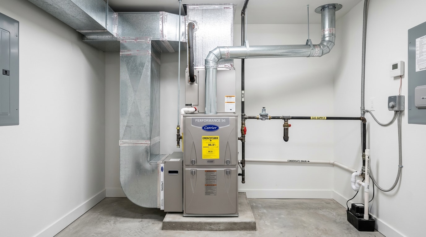 Newly installed residential furnace in a Spalding County, GA home mechanical room