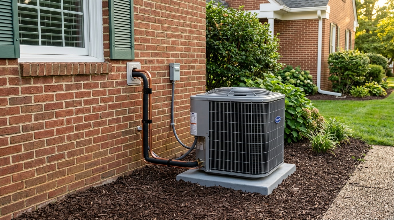 New residential HVAC condenser unit installed outside a Rockdale County, GA home New residential HVAC condenser unit installed outside a Rockdale County, GA home