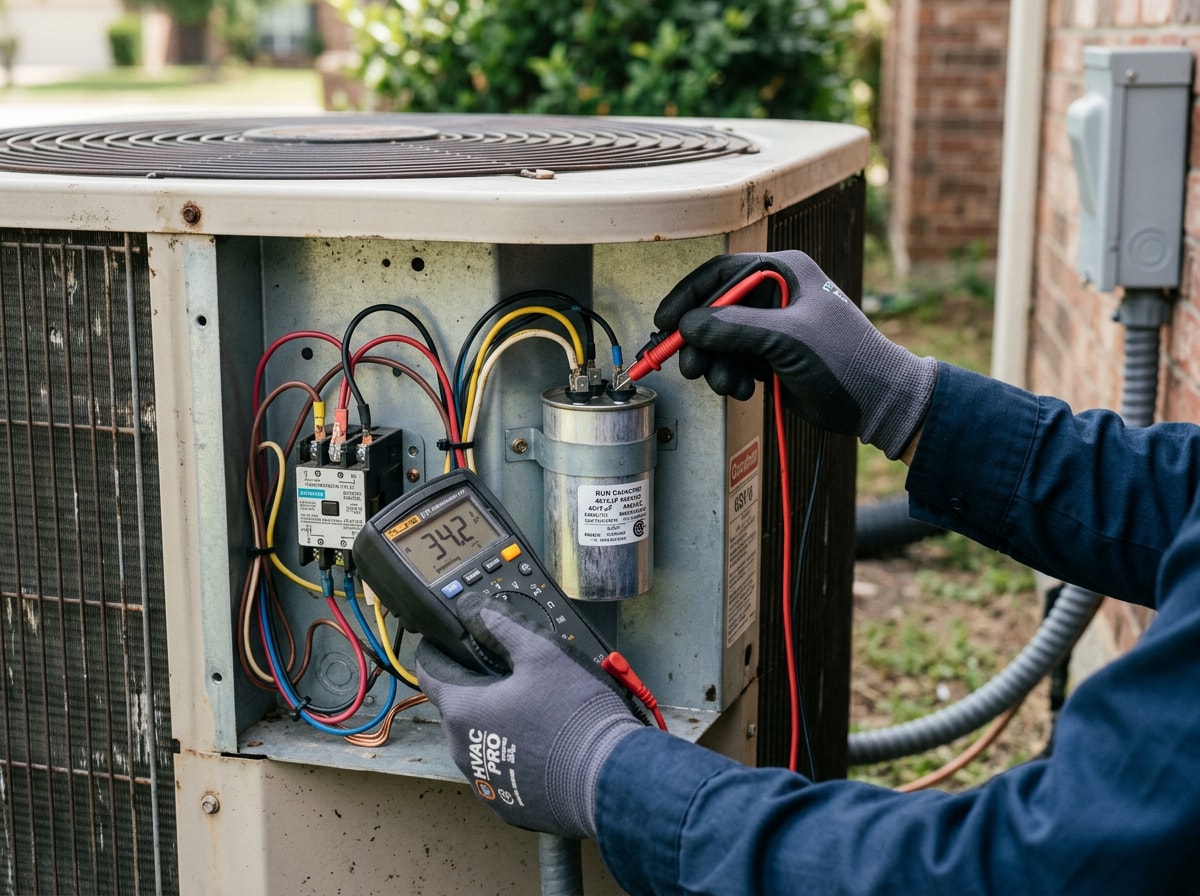Technician inspecting an outdoor condenser unit in Henry County, GA