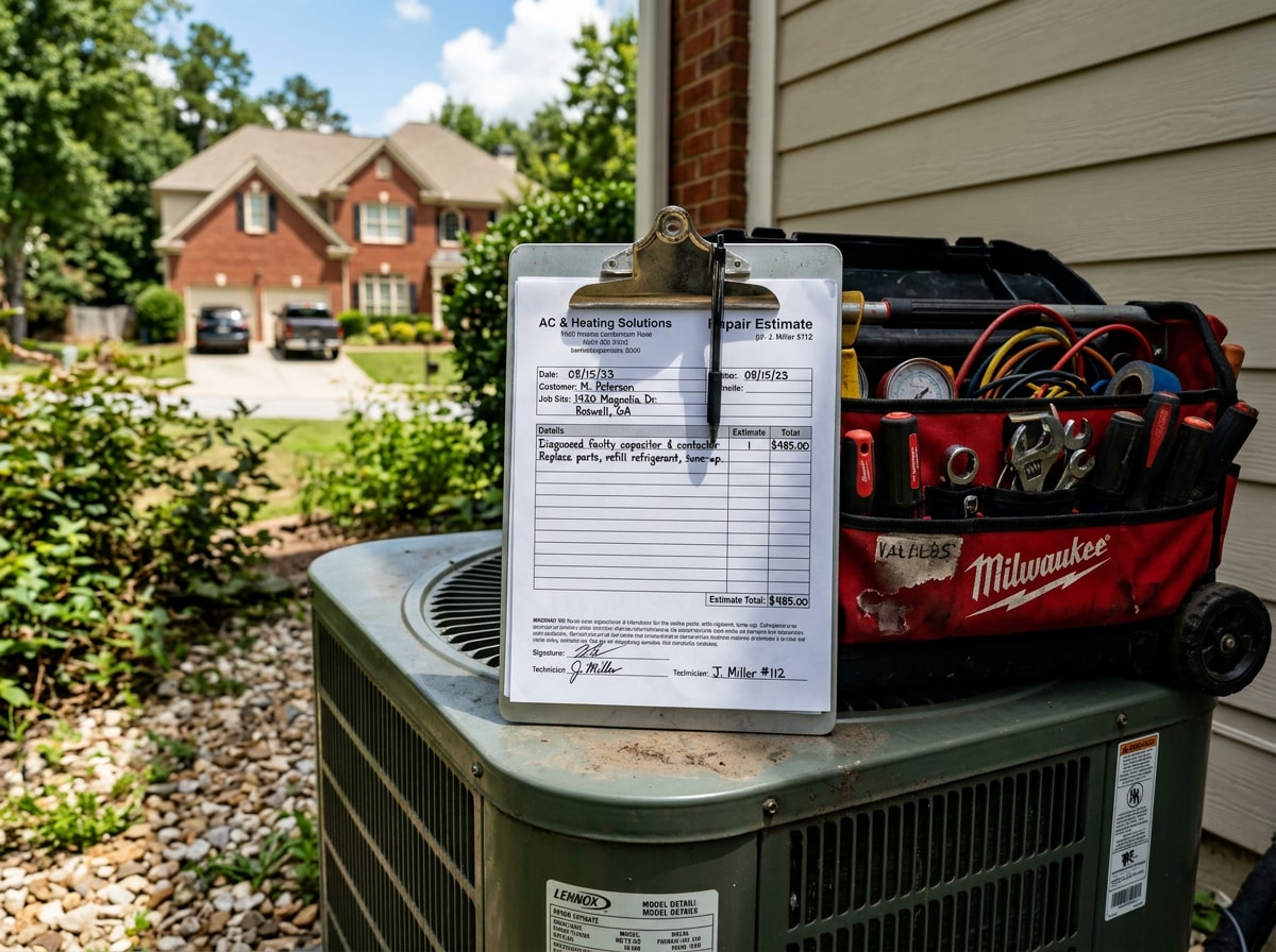 Homeowner reviewing an HVAC repair estimate with a technician