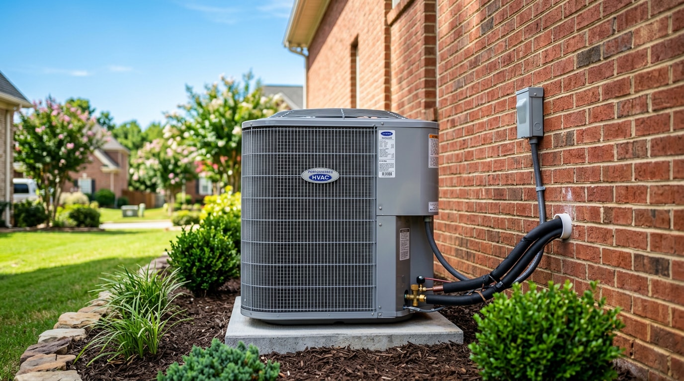Residential HVAC condenser unit outside a home in Henry County, GA Residential HVAC condenser unit outside a home in Henry County, GA