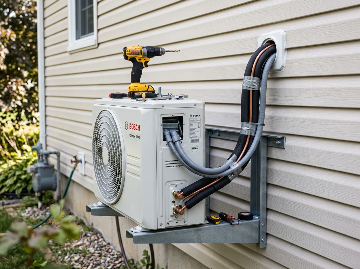 Technician performing a mini-split installation on an exterior wall in Hampton, GA