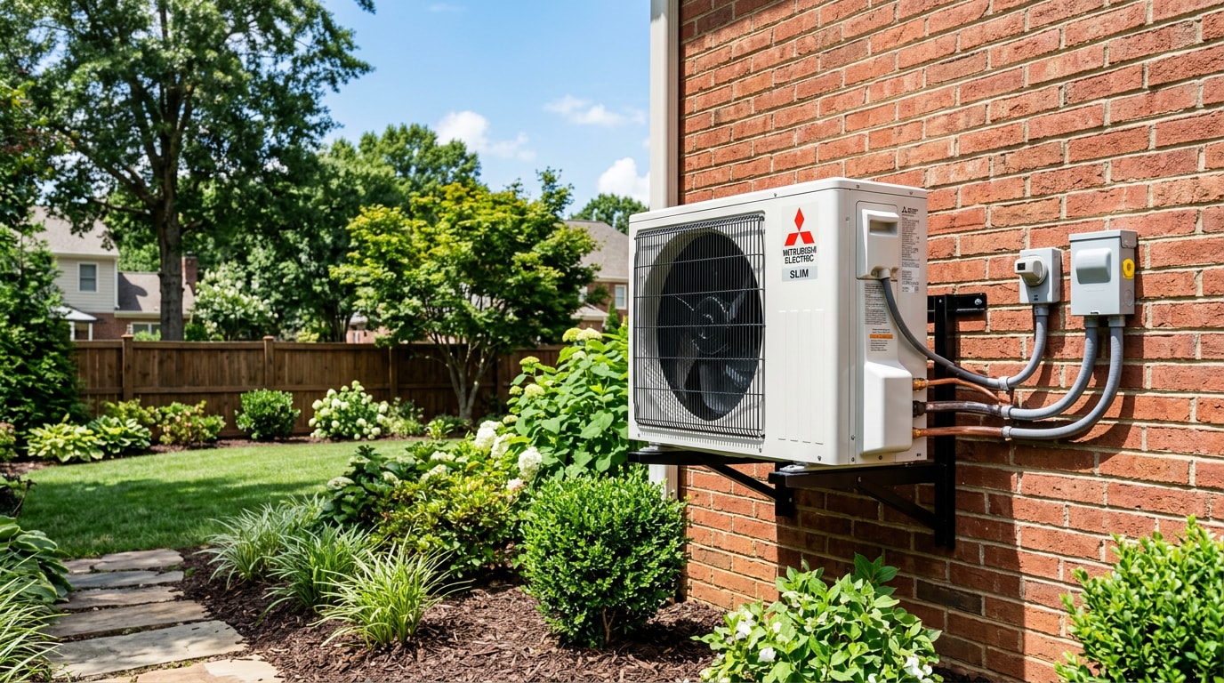 Ductless mini-split outdoor condenser unit installed on a home exterior in Hampton, GA Ductless mini-split outdoor condenser unit installed on a home exterior in Hampton, GA