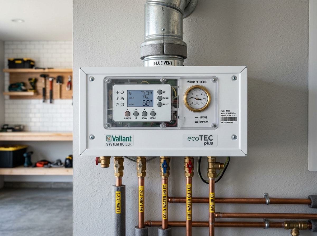 Labeled photo of a residential boiler showing the control panel, pressure gauge, flue, and water pipes