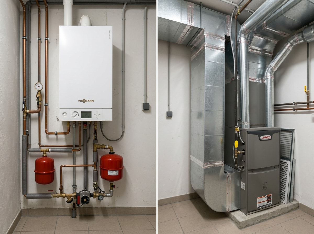 Side-by-side comparison photo of a residential boiler unit and a furnace cabinet