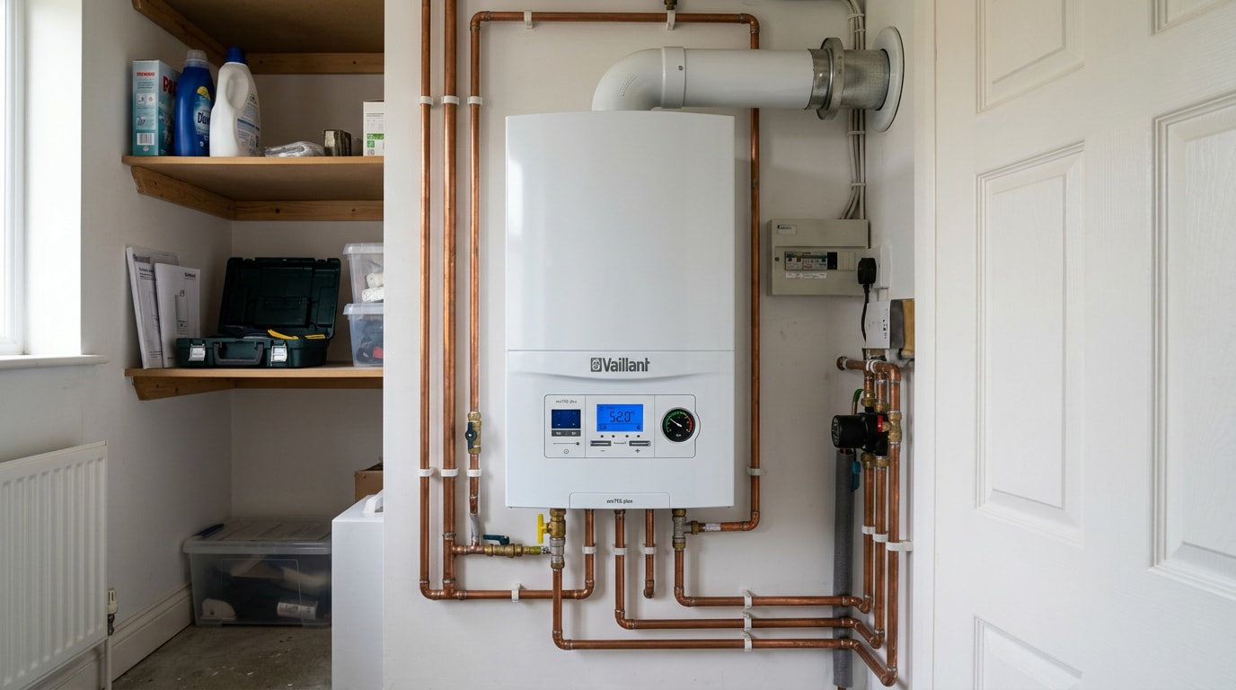 Wall-mounted residential boiler installed in a home utility closet Wall-mounted residential boiler installed in a home utility closet