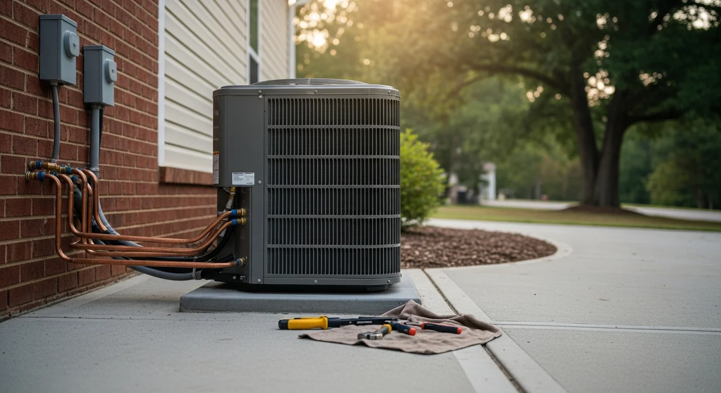 Air conditioning unit mounted on exterior of residential home