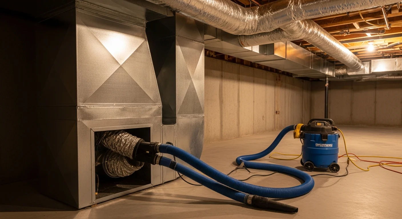 Air duct cleaning equipment removing debris from HVAC ductwork