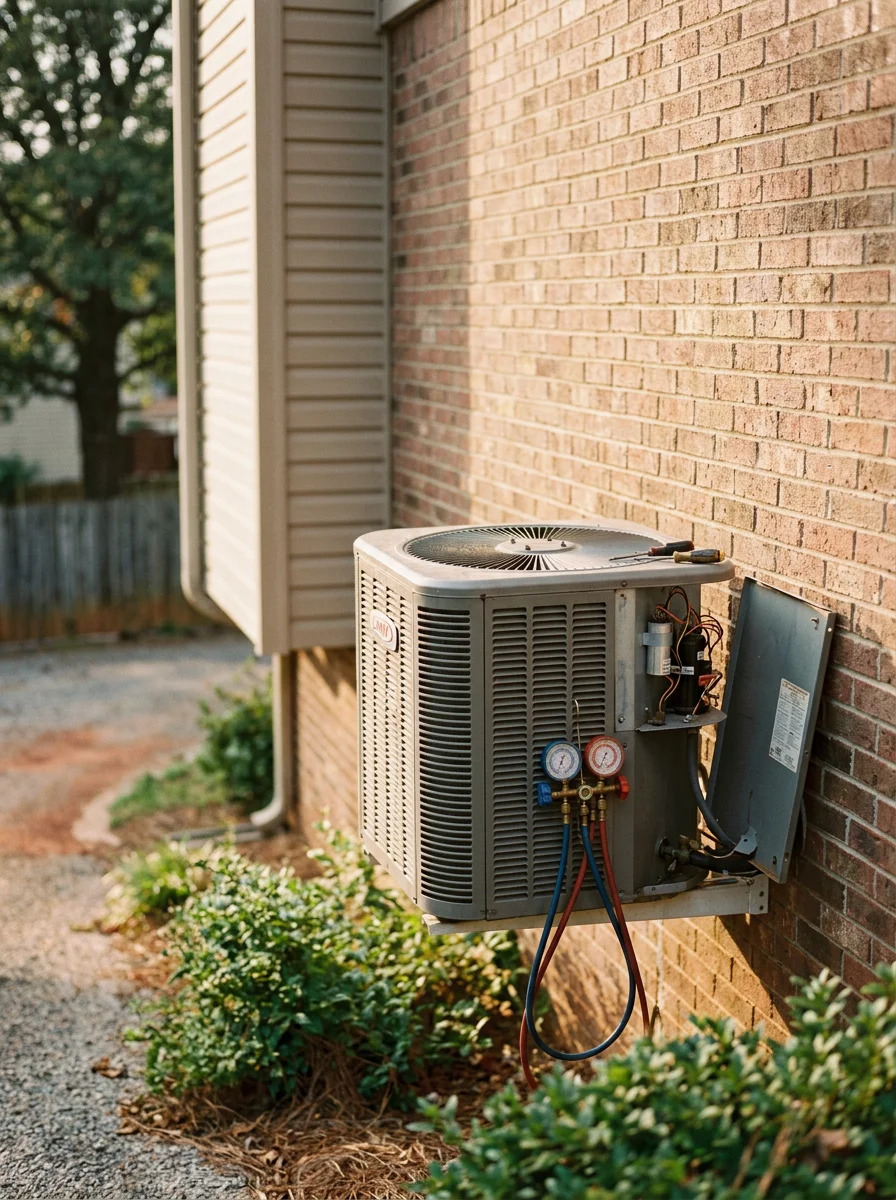 Technician performing air conditioning maintenance on a residential unit in McDonough