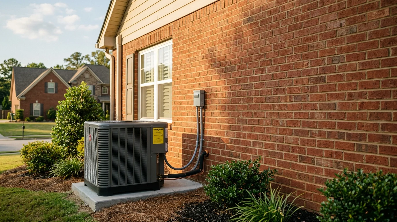 Modern HVAC unit installed outside a newer McDonough home with brick exterior