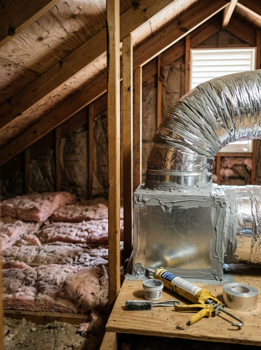 HVAC technician sealing ductwork in an attic space, addressing common moisture and air leak issues in South Metro Atlanta homes