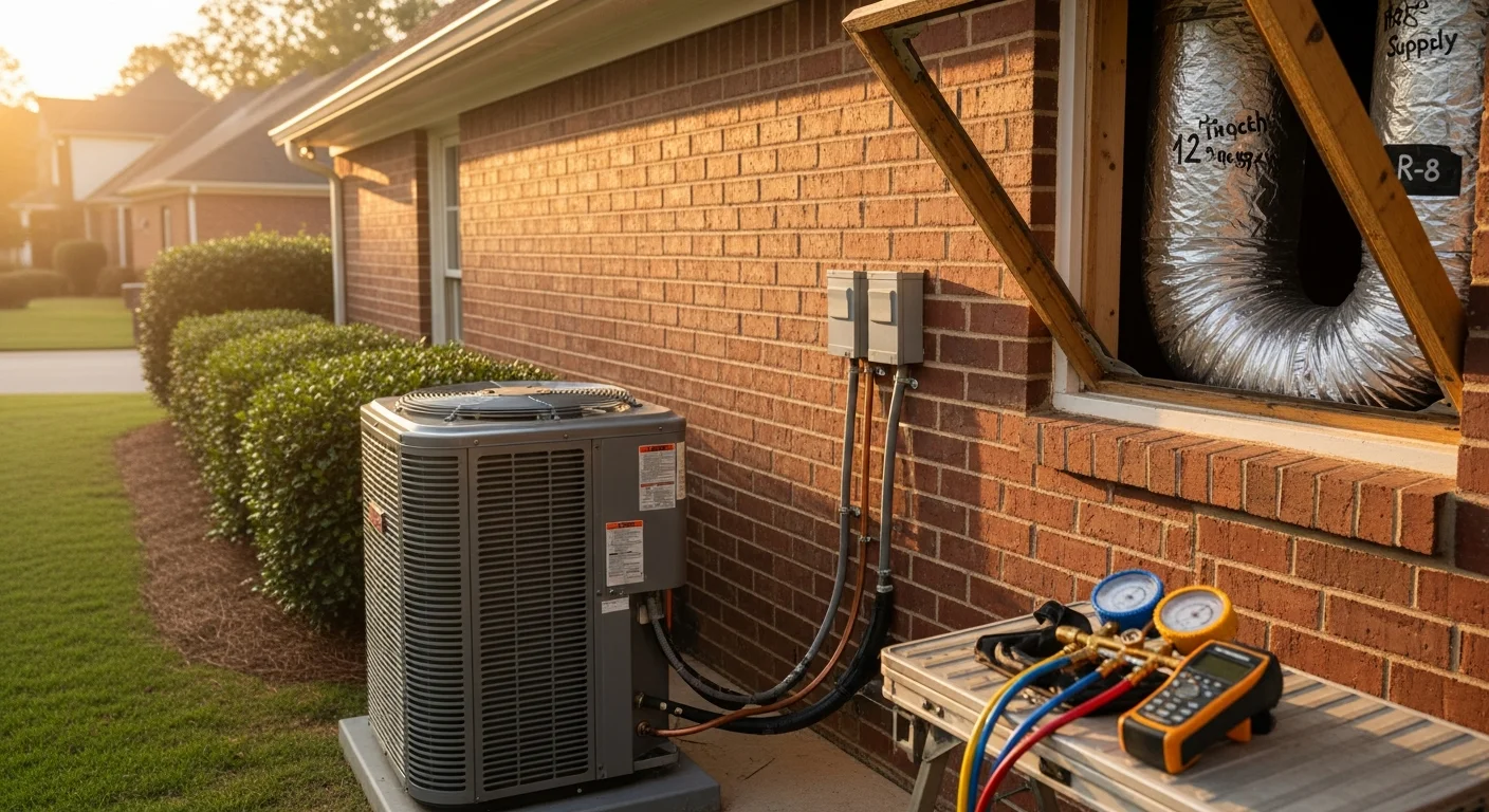 A Legacy HVAC Services technician completing an outdoor condenser unit installation at a single-family home in Hampton, GA. The unit is positioned on a concrete pad beside the home's exterior wall on a clear summer day.