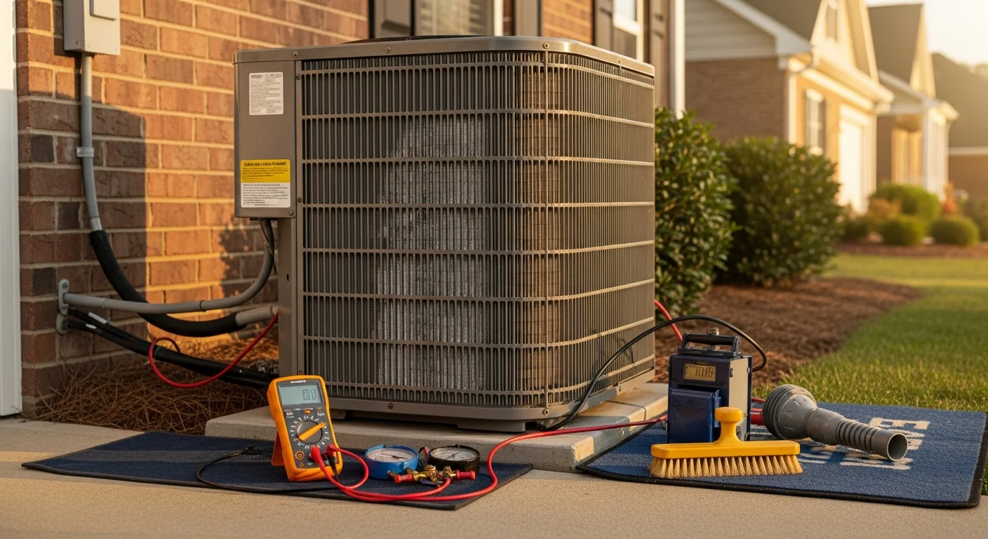 A Legacy HVAC Services technician inspecting an outdoor air conditioning unit at a single-family home in Hampton, GA. The technician is checking electrical components on a residential AC system during a routine maintenance visit.