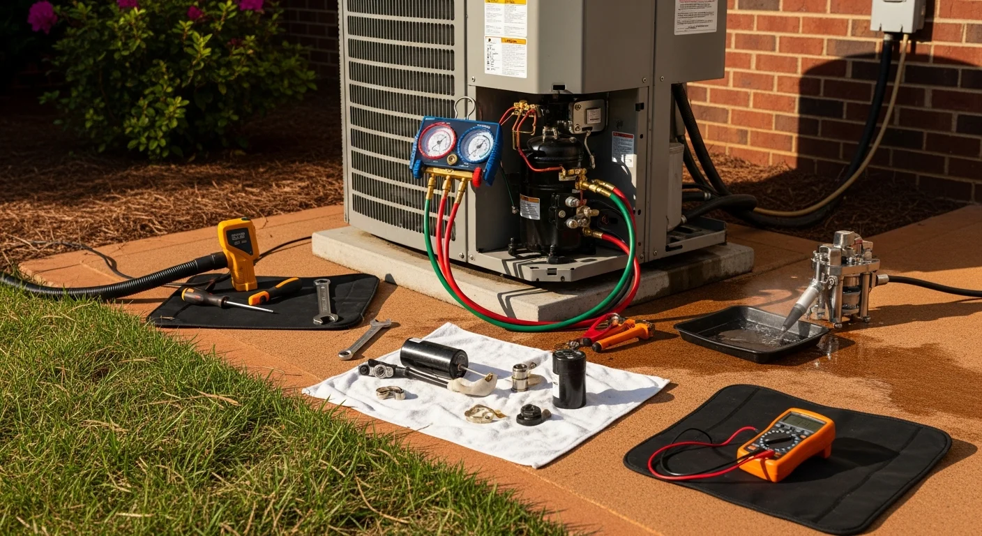 A Legacy HVAC Services technician inspecting an outdoor AC condenser unit at a single-family home in Hampton, GA. The technician checks internal components on a hot summer day in Henry County.