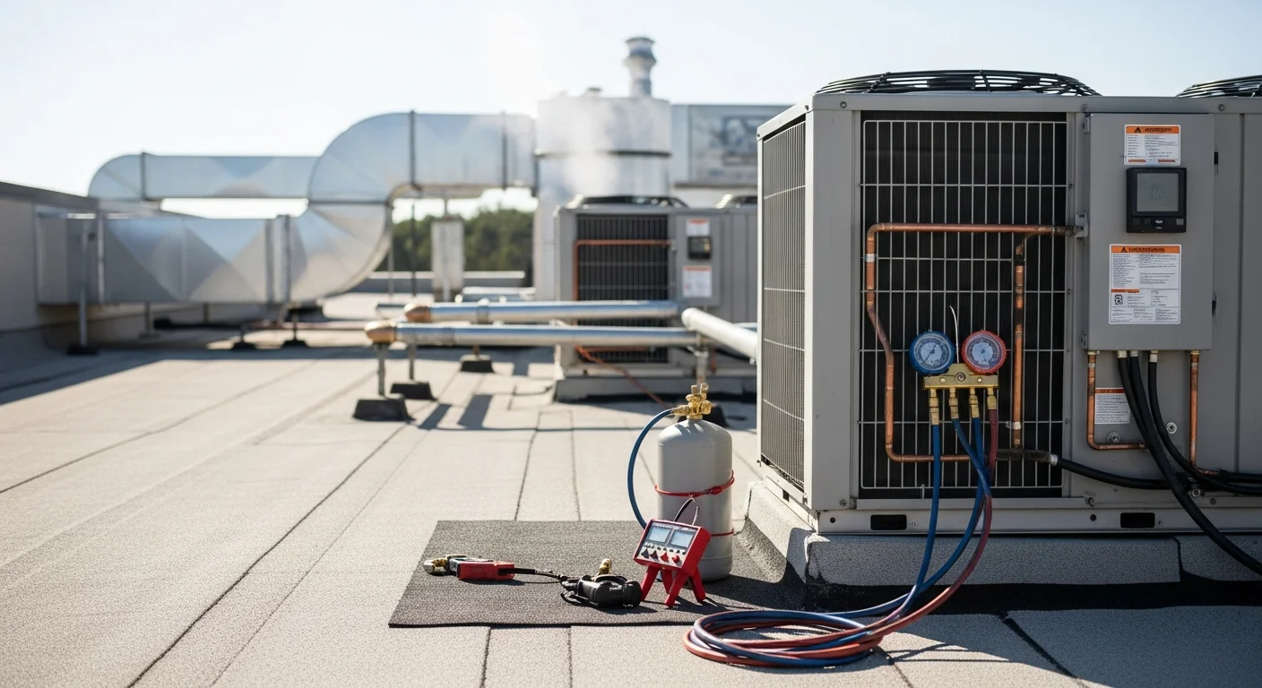 A Legacy HVAC Services technician inspecting a commercial rooftop HVAC unit on a flat-roof building in Hampton, GA. The technician is checking electrical connections and refrigerant lines on a warm, sunny day.