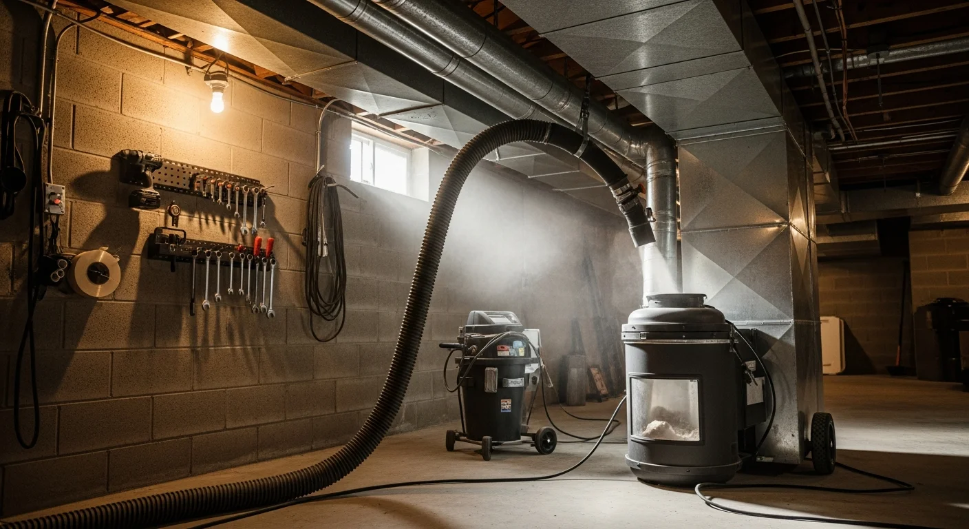 A Legacy HVAC Services technician using negative-pressure duct cleaning equipment connected to a supply vent inside a Hampton, GA home. Dust and debris are visible being extracted from the duct opening into a collection unit.