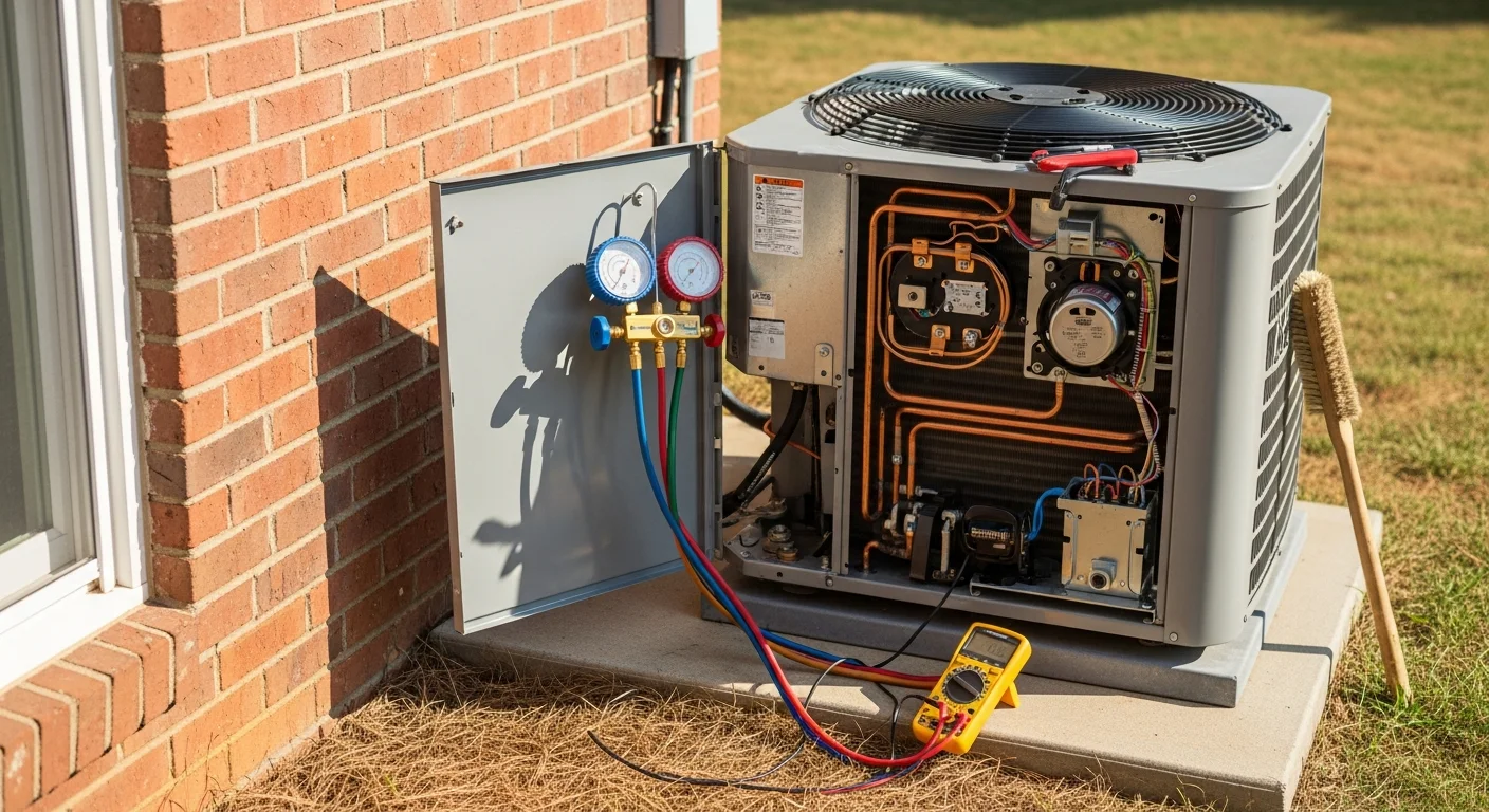 A Legacy HVAC Services technician inspecting an outdoor AC condenser unit at a residential home in Hampton, GA. The technician is checking electrical components on a sunny summer day with a suburban neighborhood visible in the background.
