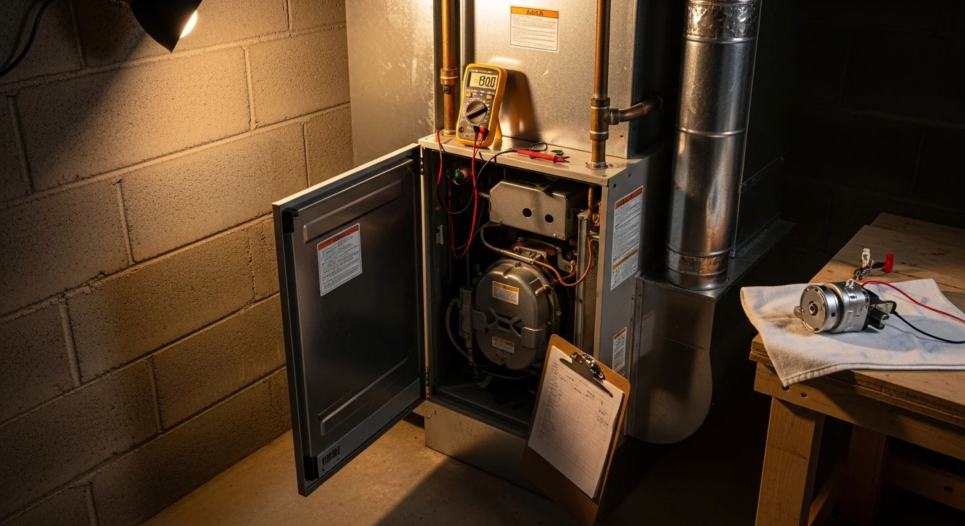 A Legacy HVAC Services technician inspecting a residential gas furnace in a Hampton, GA home. The technician is checking internal components in a utility room of a single-family house.