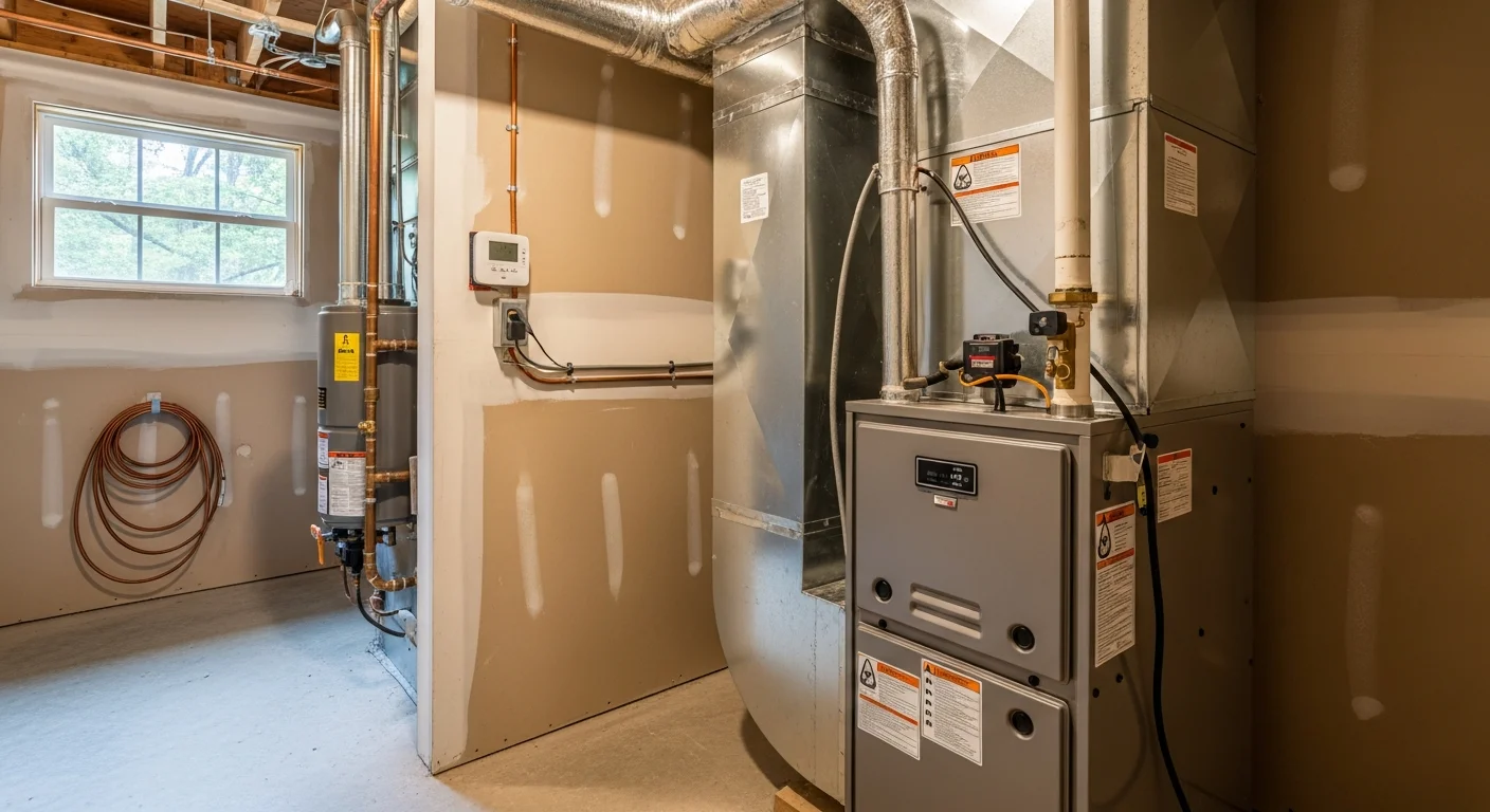 A newly installed gas furnace inside the utility room of a single-family home in Hampton, GA. The unit is mounted on a raised platform with fresh duct connections and a digital thermostat wire running to the wall.