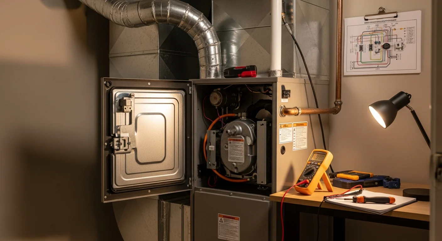 A Legacy HVAC Services technician inspecting an open furnace unit inside a Hampton, GA home. The technician examines internal components including the igniter and blower assembly during a repair visit.